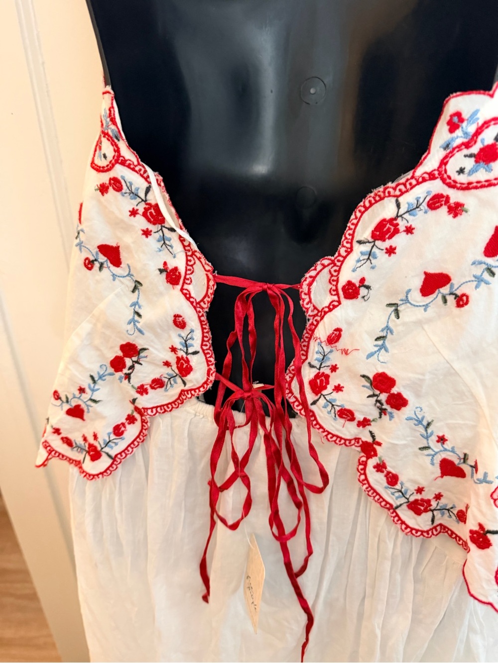 NWT retails 249, Free People White Midi Dress with Red Embroidered Bodice - Picture 13 of 14